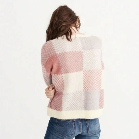 Abercrombie & Fitch Plaid Crew Mohair Blend Sweater Mauve/Grey/Cream size Small - Picture 2 of 10